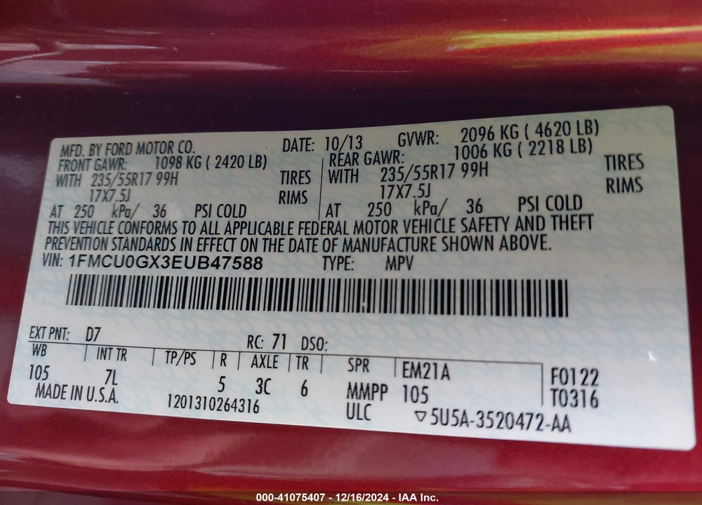 2014 FORD ESCAPE SE VIN: 1FMCU0GX3EUB47588