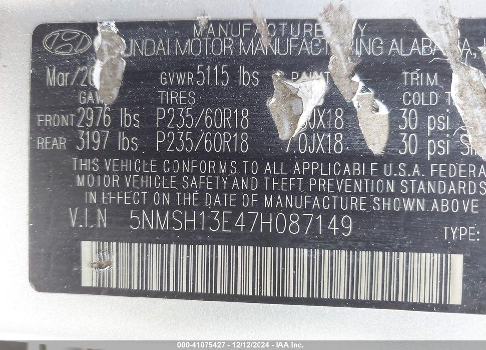 2007 HYUNDAI SANTA FE LIMITED/SE VIN: 5NMSH13E47H087149