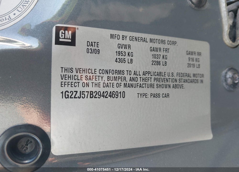 2009 PONTIAC G6 NEW SE VIN: 1G2ZJ57B294246910
