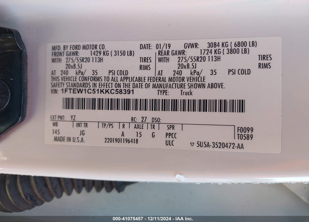 2019 FORD F-150 VIN: 1FTEW1C51KKC58391