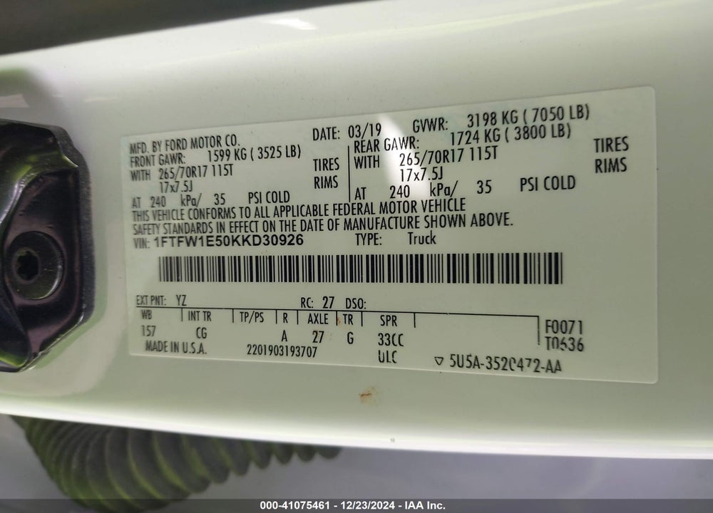 2019 FORD F-150 XL VIN: 1FTFW1E50KKD30926