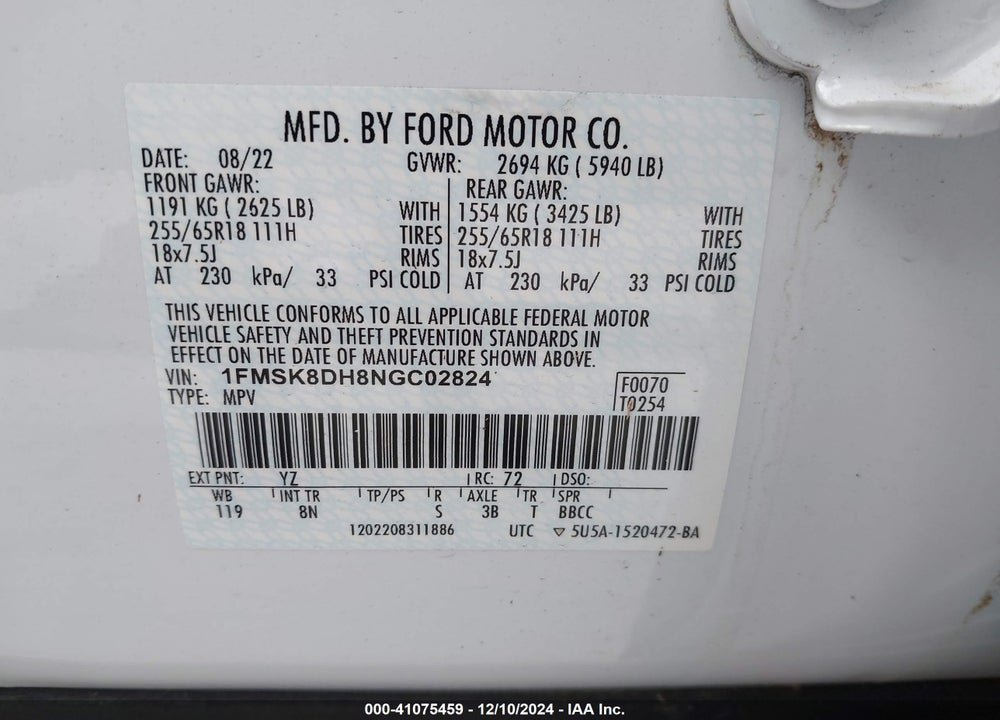 2022 FORD EXPLORER XLT VIN: 1FMSK8DH8NGC02824