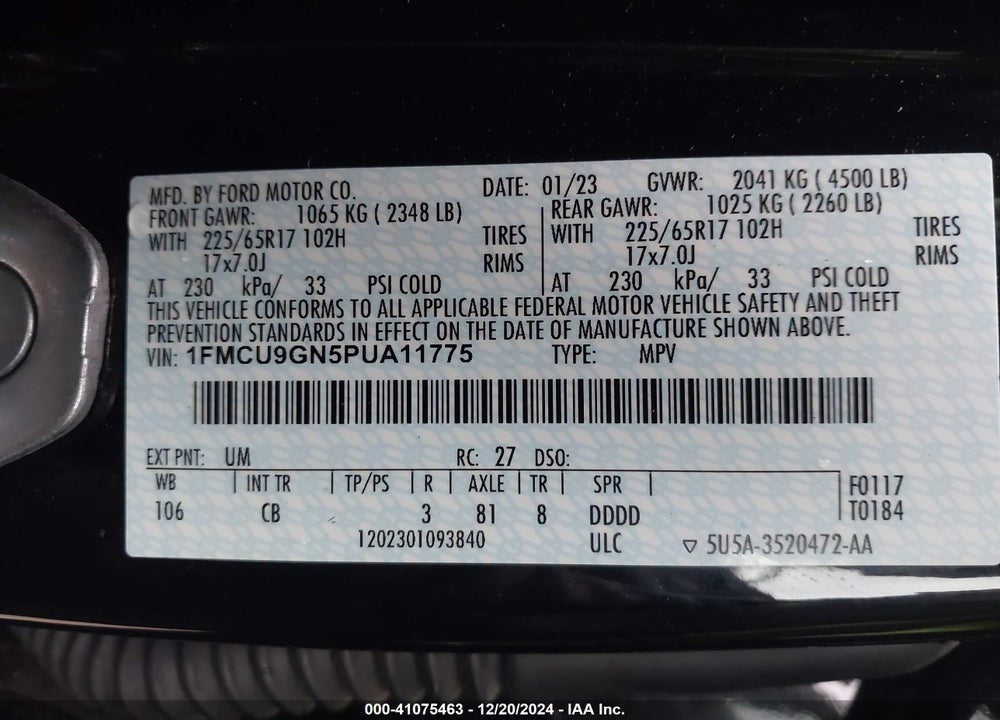 2023 FORD ESCAPE ACTIVE VIN: 1FMCU9GN5PUA11775