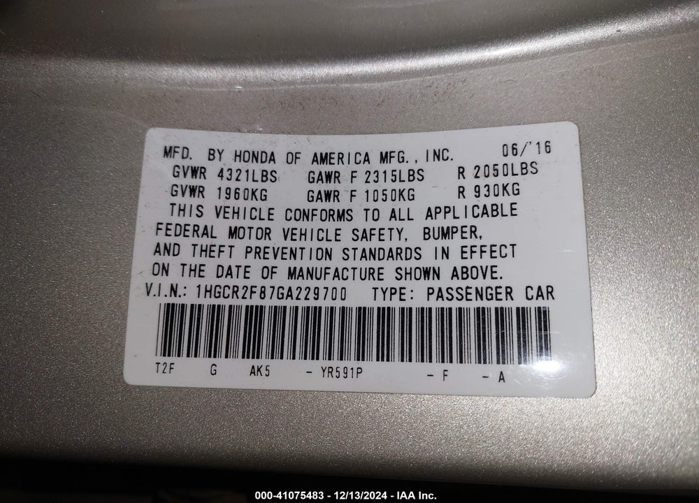 2016 HONDA ACCORD EX-L VIN: 1HGCR2F87GA229700