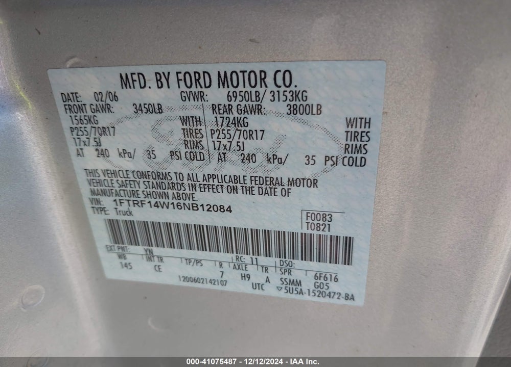 2006 FORD F-150 STX/XL/XLT VIN: 1FTRF14W16NB12084
