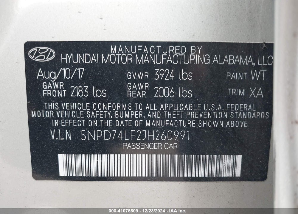 2018 HYUNDAI ELANTRA SE VIN: 5NPD74LF2JH260991