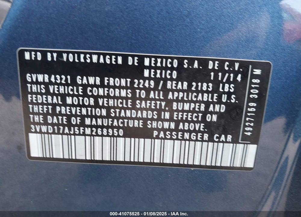 2015 VOLKSWAGEN JETTA 1.8T SE VIN: 3VWD17AJ5FM268950