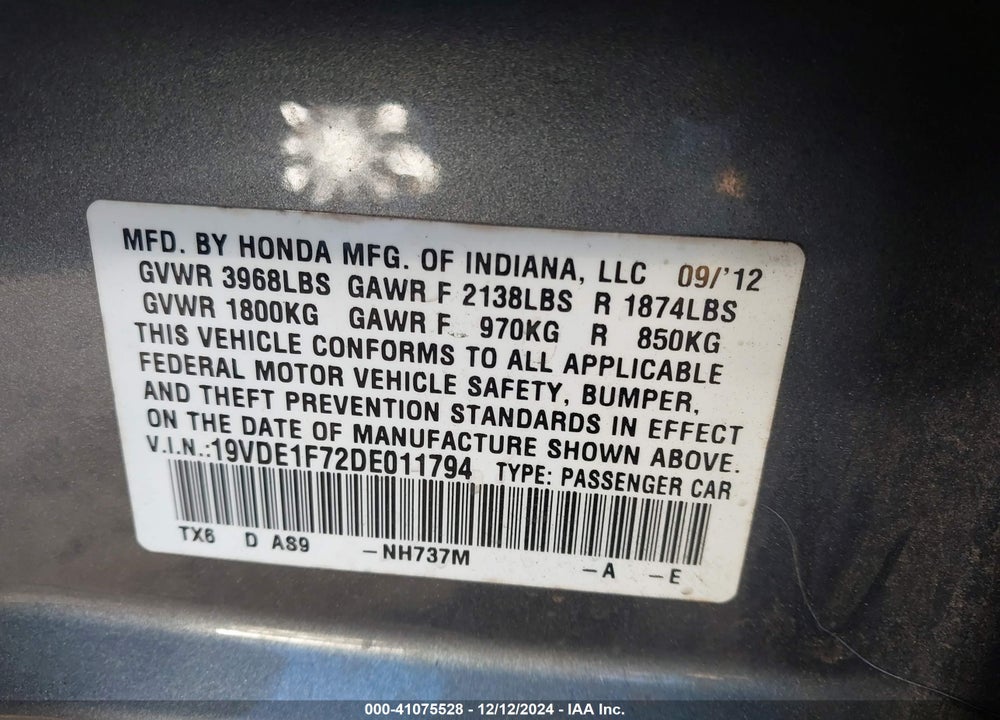 2013 ACURA ILX 2.0L VIN: 19VDE1F72DE011794