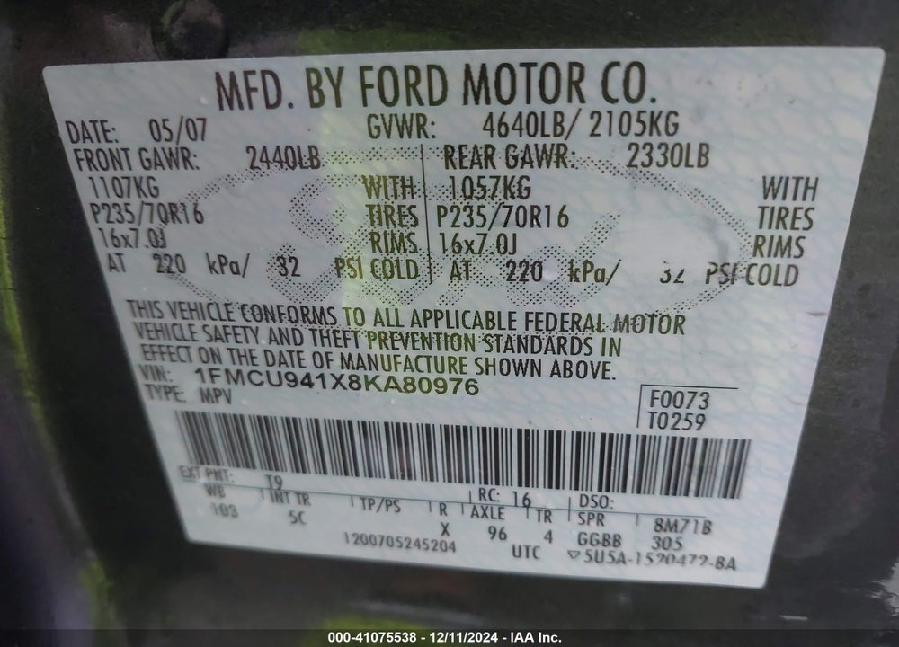 2008 FORD ESCAPE LIMITED VIN: 1FMCU941X8KA80976