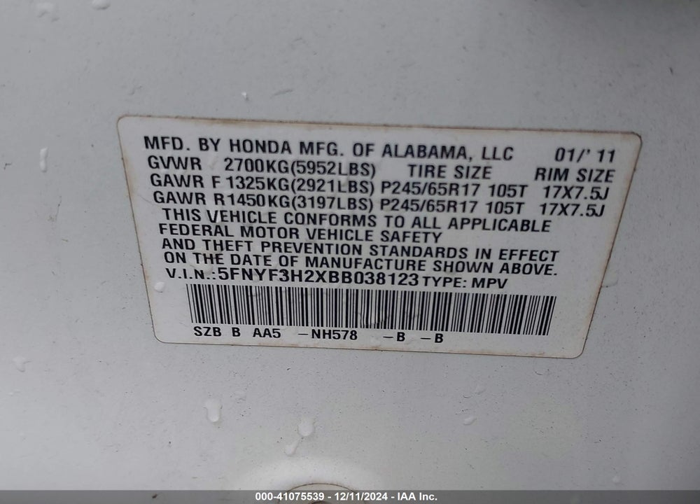 2011 HONDA PILOT LX VIN: 5FNYF3H2XBB038123