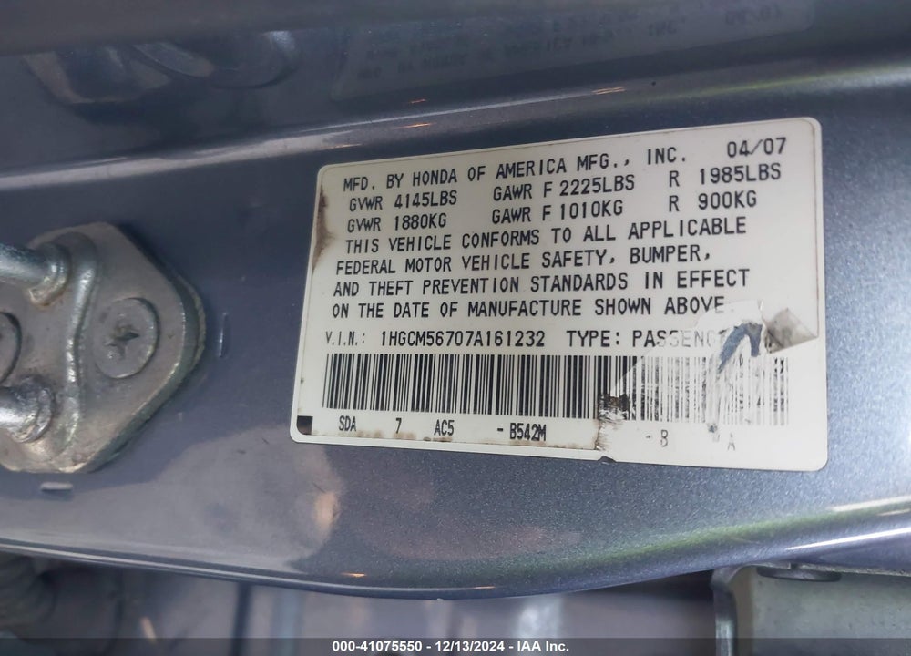 2007 HONDA ACCORD 2.4 EX VIN: 1HGCM56707A161232