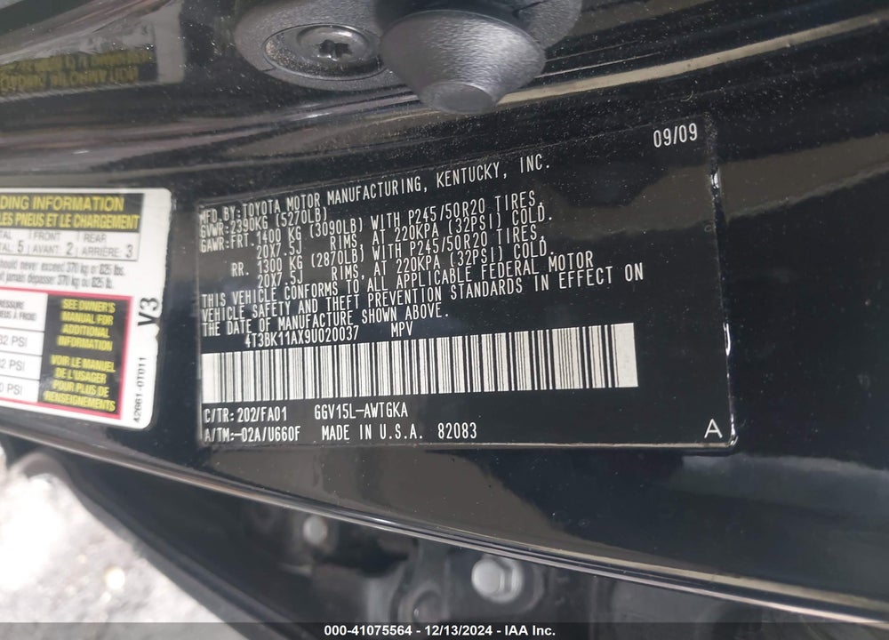 2009 TOYOTA VENZA BASE V6 VIN: 4T3BK11AX9U020037