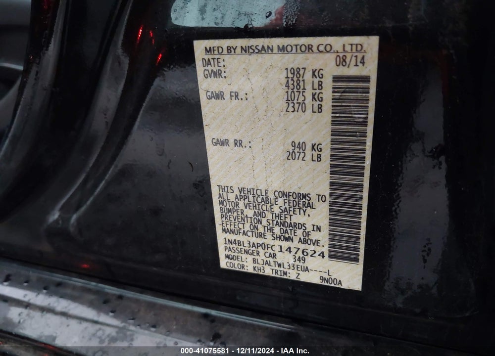 2015 NISSAN ALTIMA VIN: 1N4BL3AP0FC147624