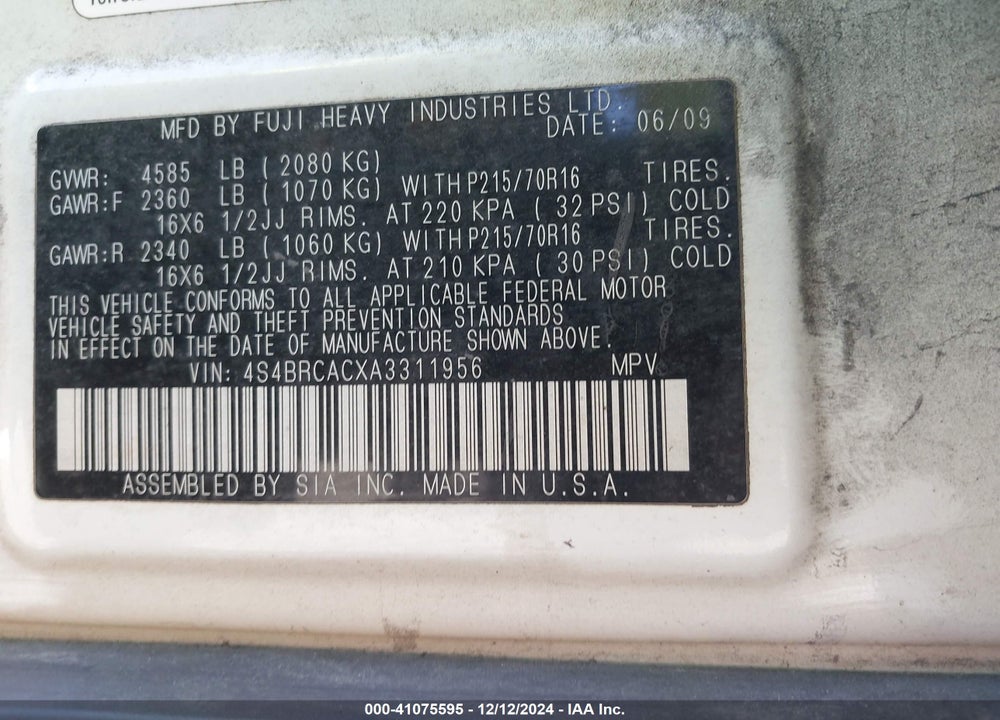2010 SUBARU OUTBACK 2.5I VIN: 4S4BRCACXA3311956