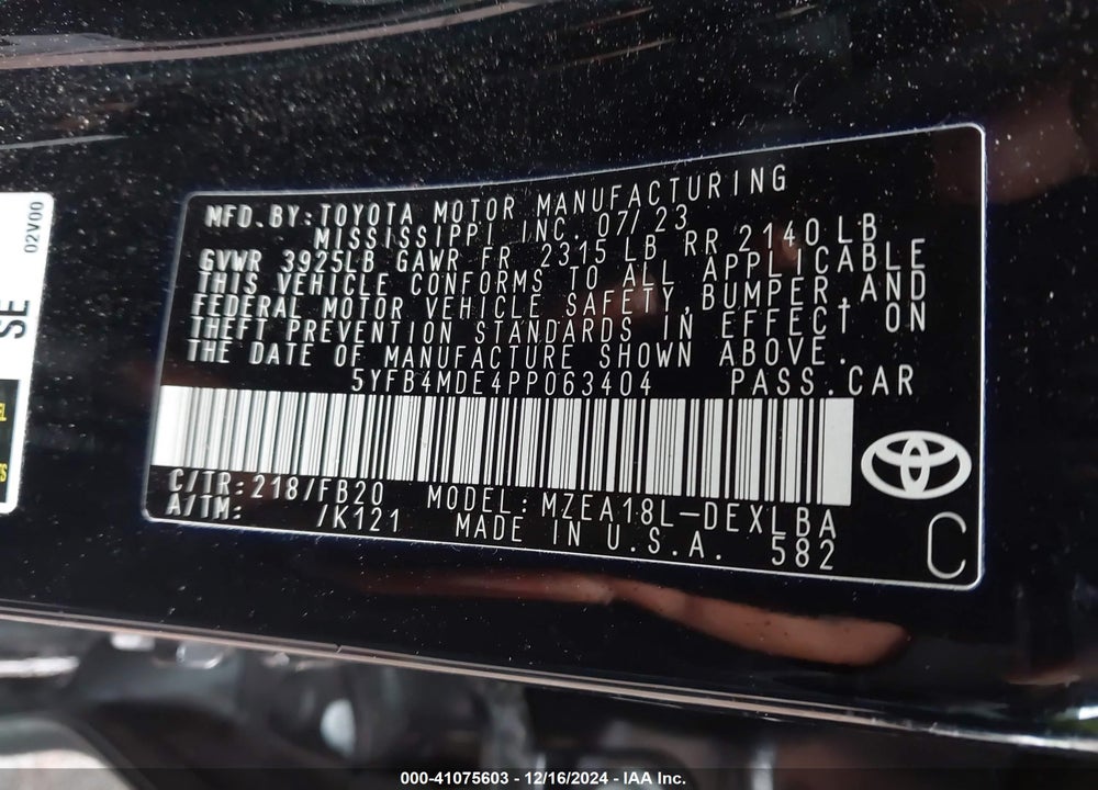 2023 TOYOTA COROLLA LE VIN: 5YFB4MDE4PP063404