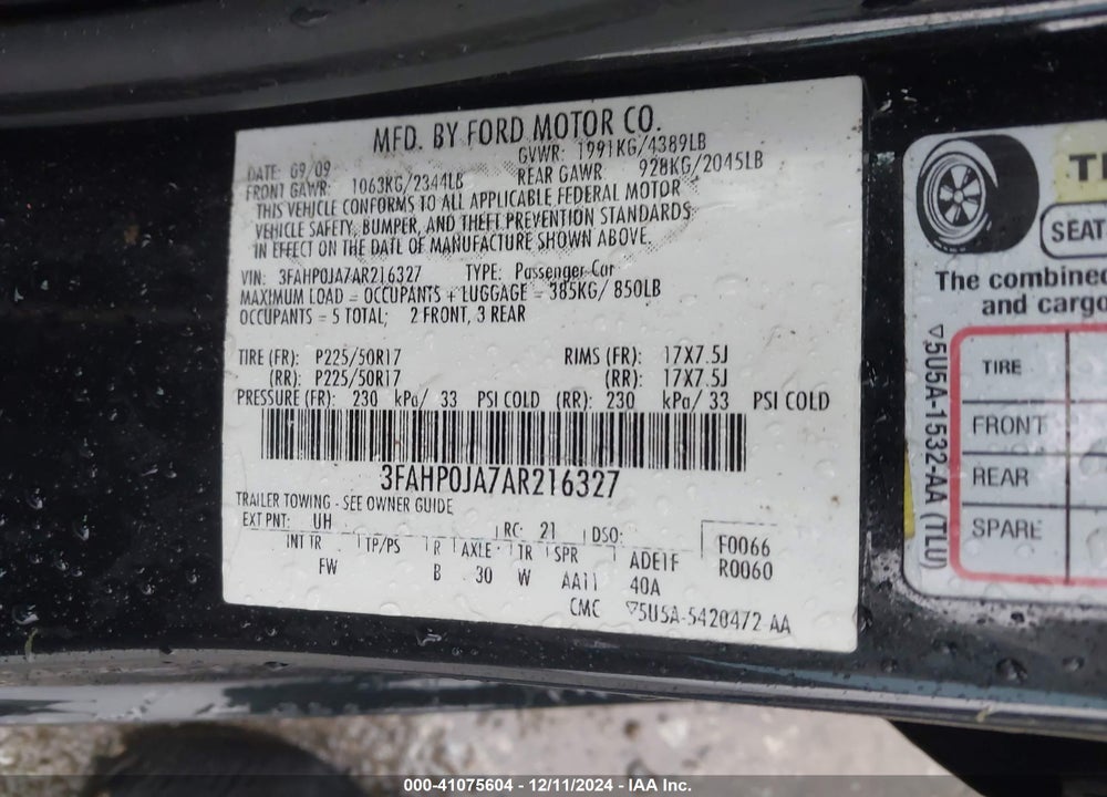 2010 FORD FUSION SEL VIN: 3FAHP0JA7AR216327