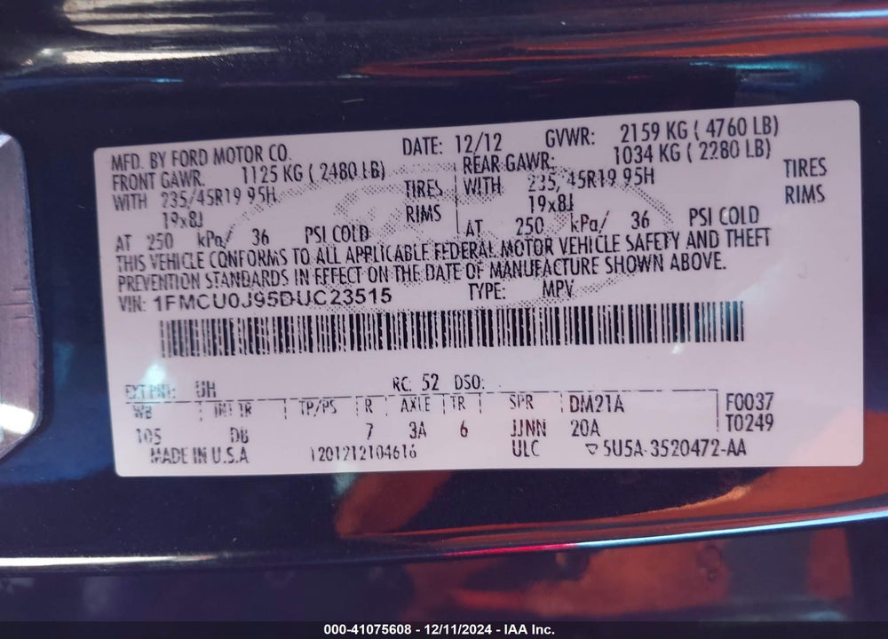 2013 FORD ESCAPE TITANIUM VIN: 1FMCU0J95DUC23515