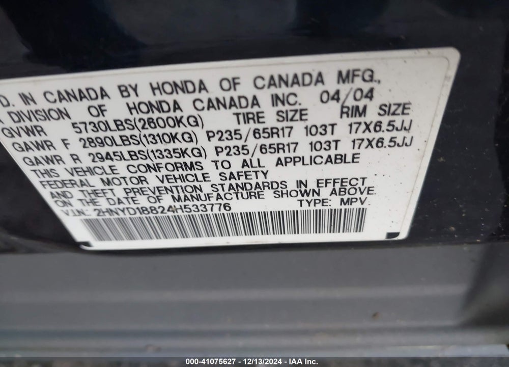 2004 ACURA MDX VIN: 2HNYD18824H533776