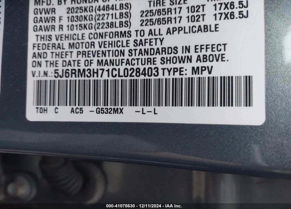 2012 HONDA CR-V EX-L VIN: 5J6RM3H71CL028403