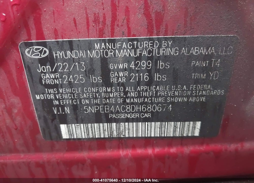 2013 HYUNDAI SONATA GLS VIN: 5NPEB4AC8DH680674