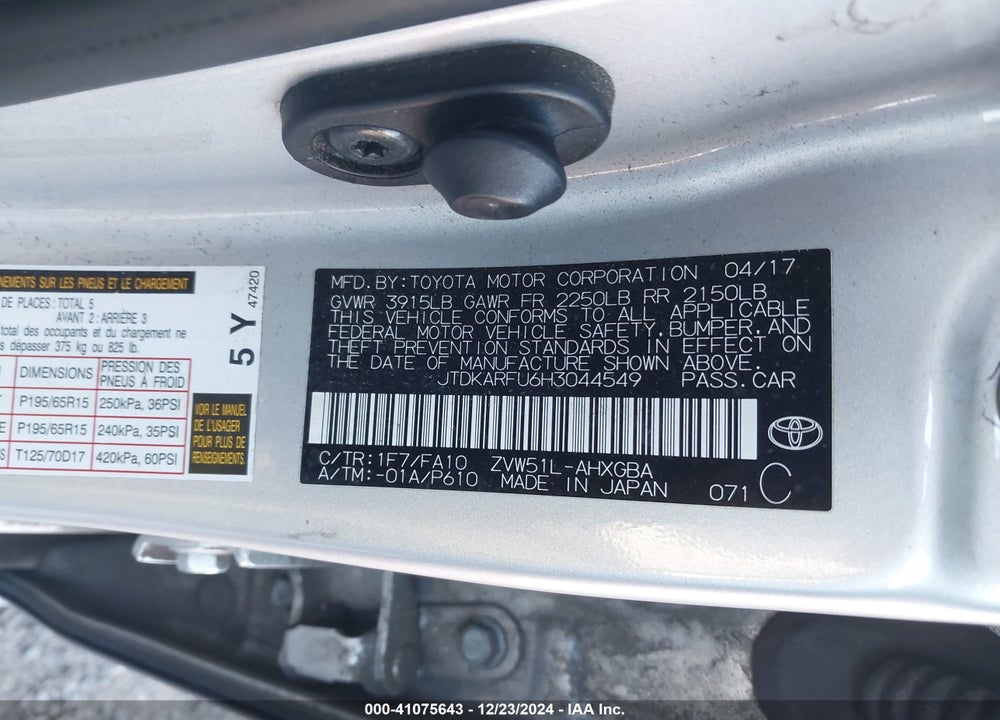 2017 TOYOTA PRIUS VIN: JTDKARFU6H3044549