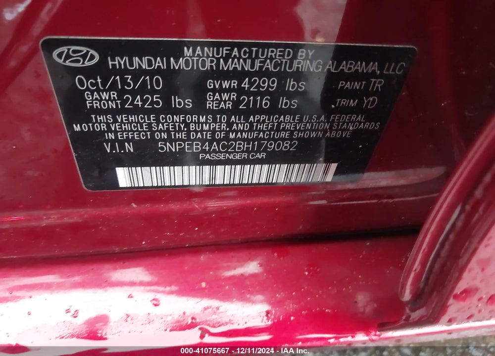 2011 HYUNDAI SONATA GLS VIN: 5NPEB4AC2BH179082