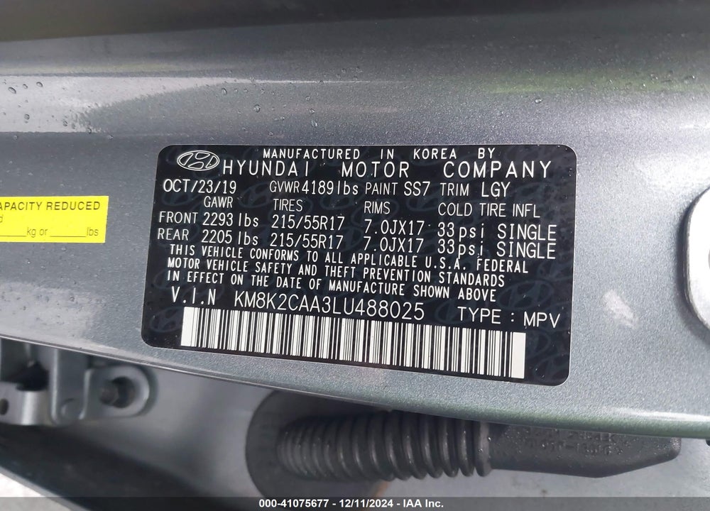 2020 HYUNDAI KONA SEL VIN: KM8K2CAA3LU488025