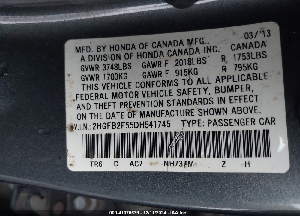 2013 HONDA CIVIC VIN: 2HGFB2F55DH541745