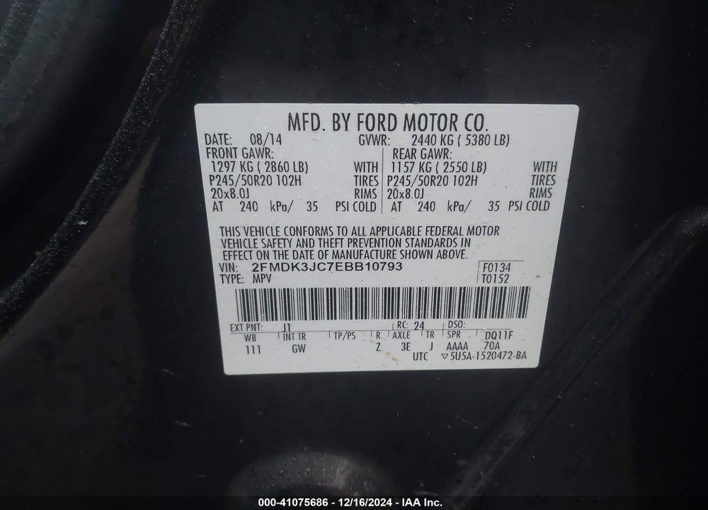 2014 FORD EDGE SEL VIN: 2FMDK3JC7EBB10793