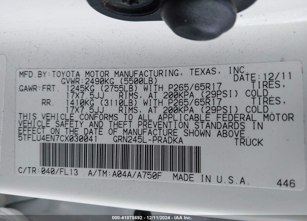 2012 TOYOTA TACOMA DOUBLE CAB VIN: 5TFLU4EN7CX030041