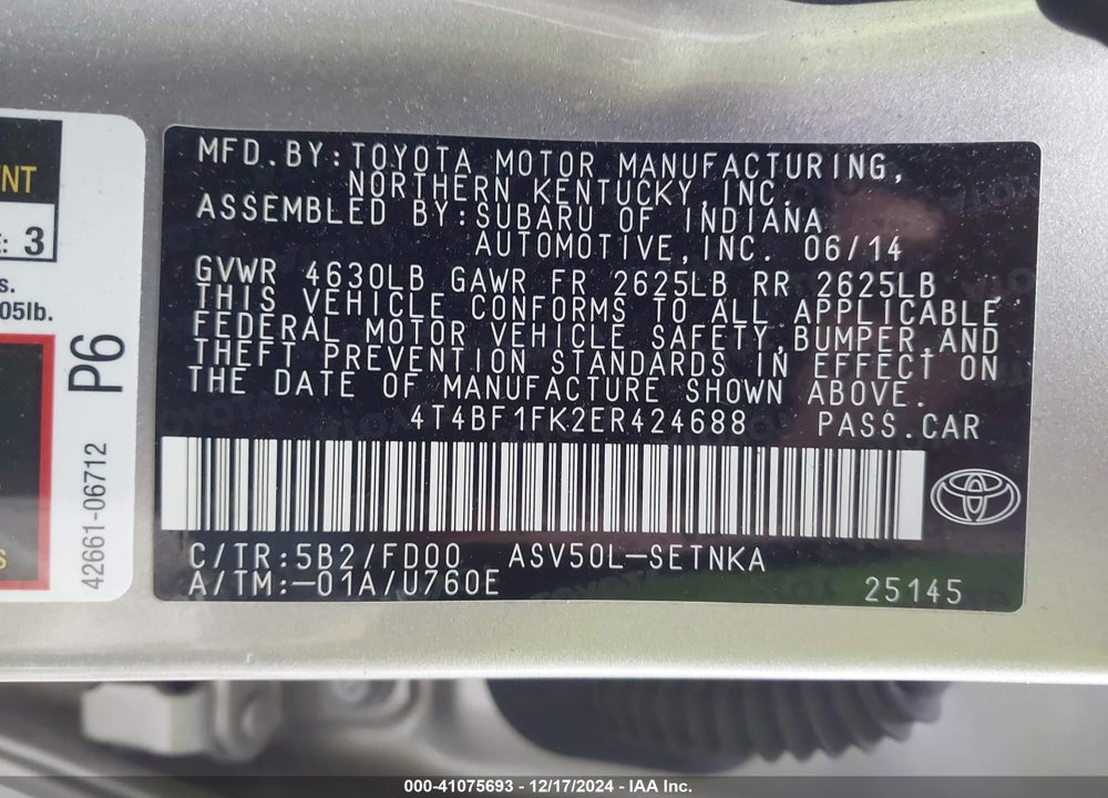 2014 TOYOTA CAMRY LE VIN: 4T4BF1FK2ER424688