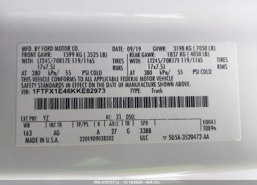 2019 FORD F-150 XL VIN: 1FTFX1E46KKE82973