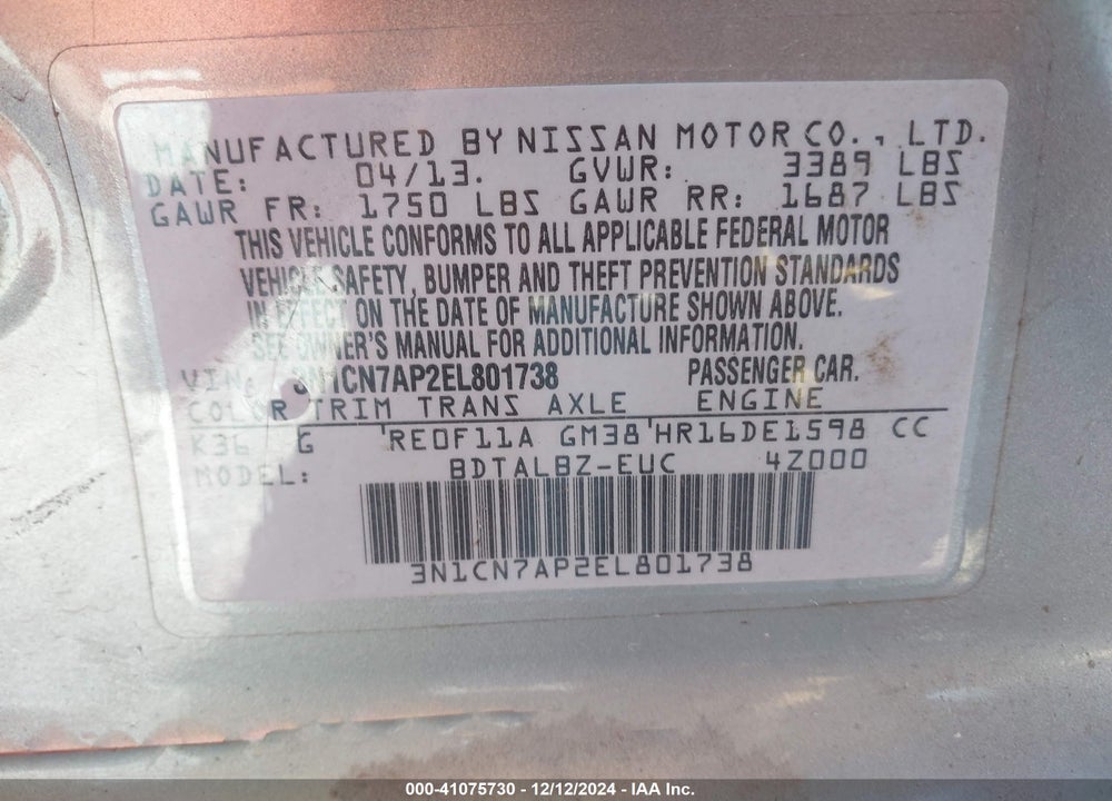 2014 NISSAN VERSA 1.6 SV VIN: 3N1CN7AP2EL801738
