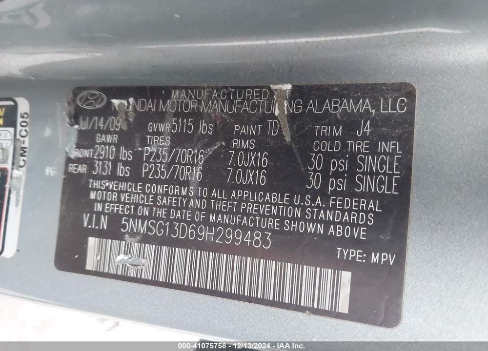 2009 HYUNDAI SANTA FE GLS VIN: 5NMSG13D69H299483