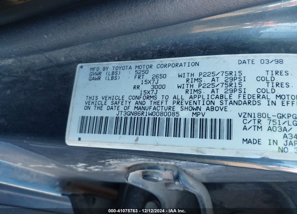 1998 TOYOTA 4RUNNER SR5 V6 VIN: JT3GN86R1W0080085