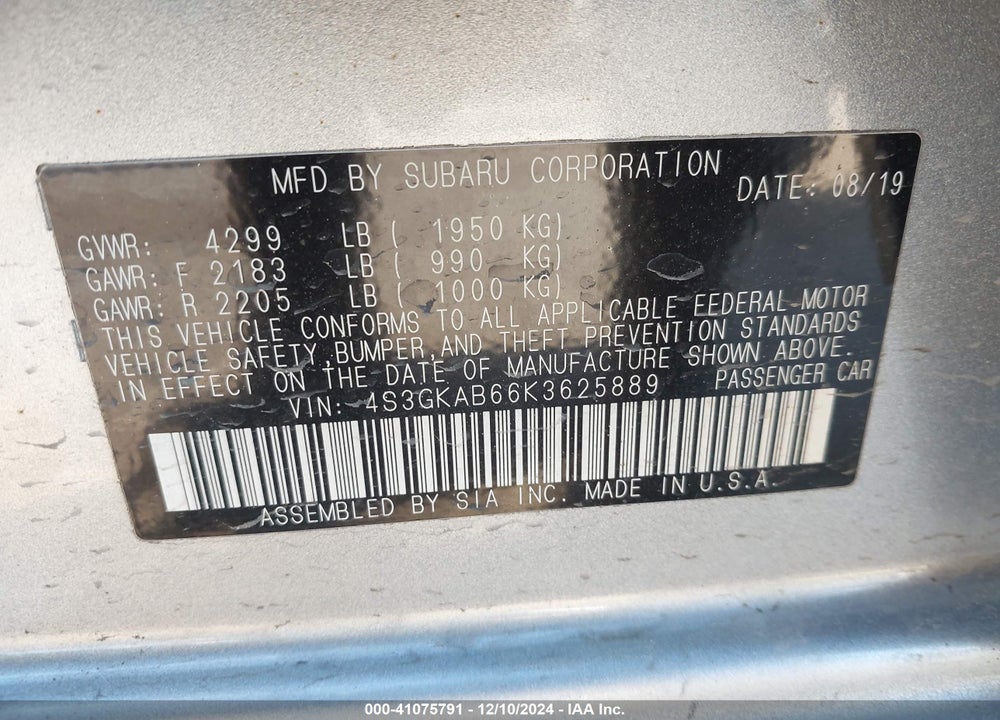 2019 SUBARU IMPREZA VIN: 4S3GKAB66K3625889