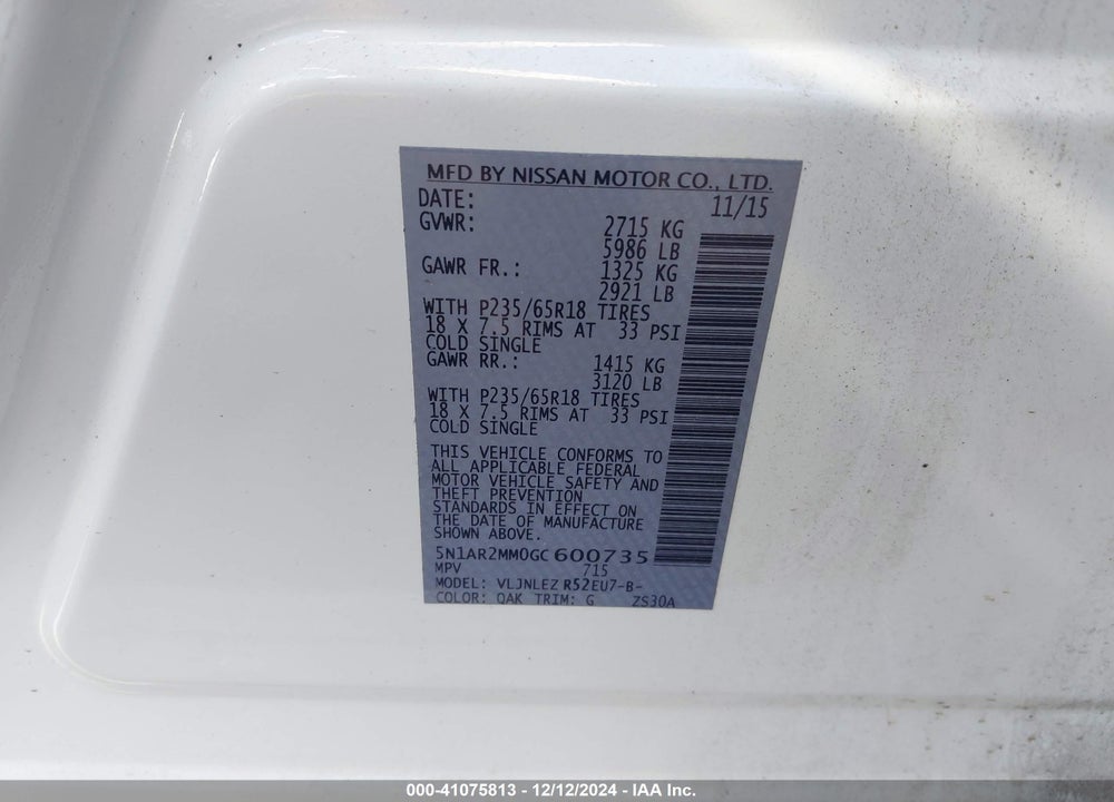 2016 NISSAN PATHFINDER PLATINUM/S/SL/SV VIN: 5N1AR2MM0GC600735