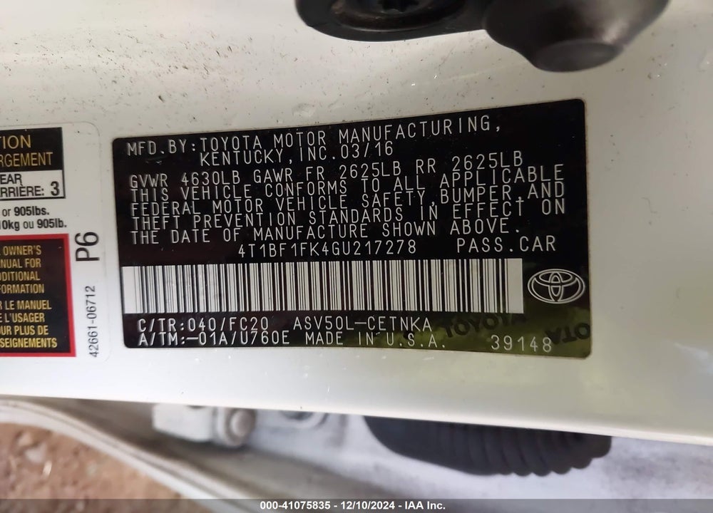 2016 TOYOTA CAMRY LE VIN: 4T1BF1FK4GU217278