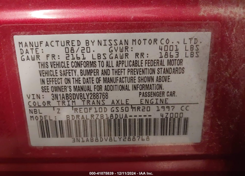 2020 NISSAN SENTRA SR XTRONIC CVT VIN: 3N1AB8DV8LY288768