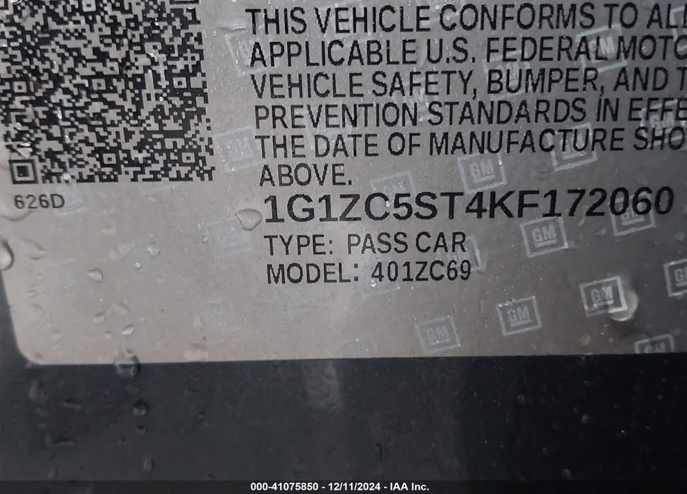 2019 CHEVROLET MALIBU VIN: 1G1ZC5ST4KF172060