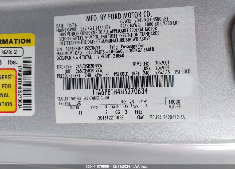 2017 FORD MUSTANG VIN: 1FA6P8TH4H5270634