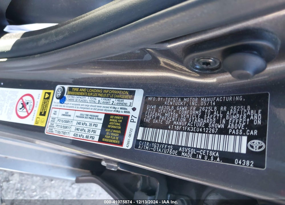 2014 TOYOTA CAMRY VIN: 4T1BF1FK3EU412267
