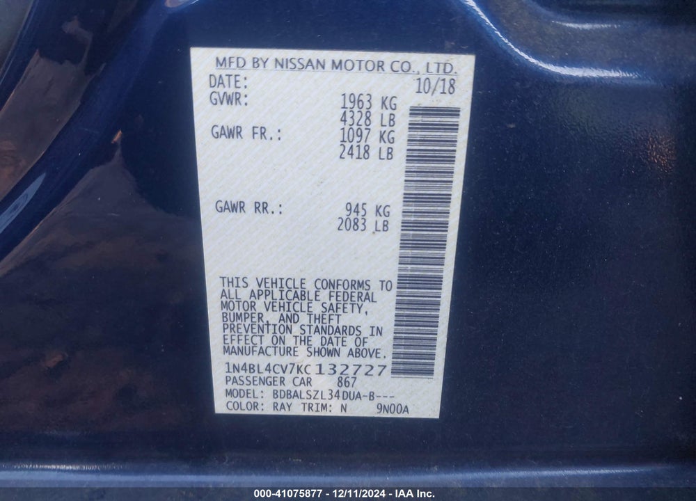 2019 NISSAN ALTIMA VIN: 1N4BL4CV7KC132727