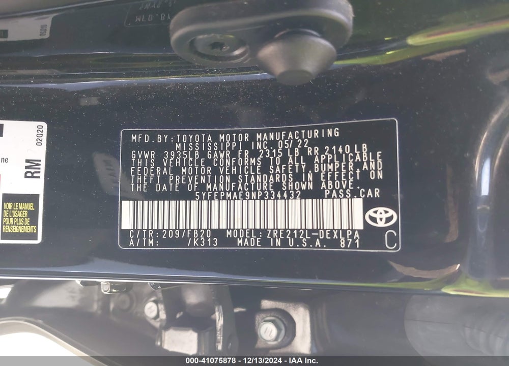 2022 TOYOTA COROLLA LE VIN: 5YFEPMAE9NP334432