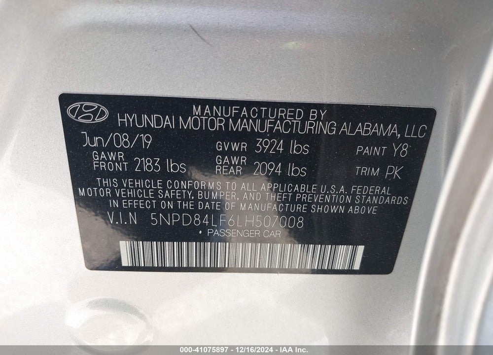 2020 HYUNDAI ELANTRA SEL VIN: 5NPD84LF6LH507008
