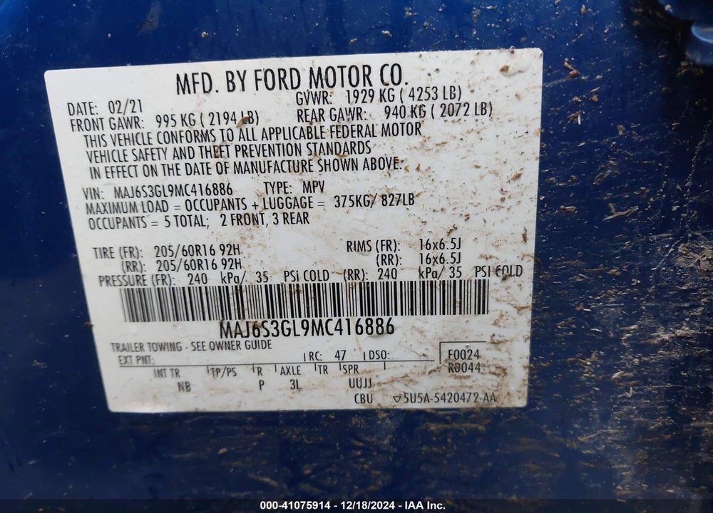 2021 FORD ECOSPORT SE VIN: MAJ6S3GL9MC416886