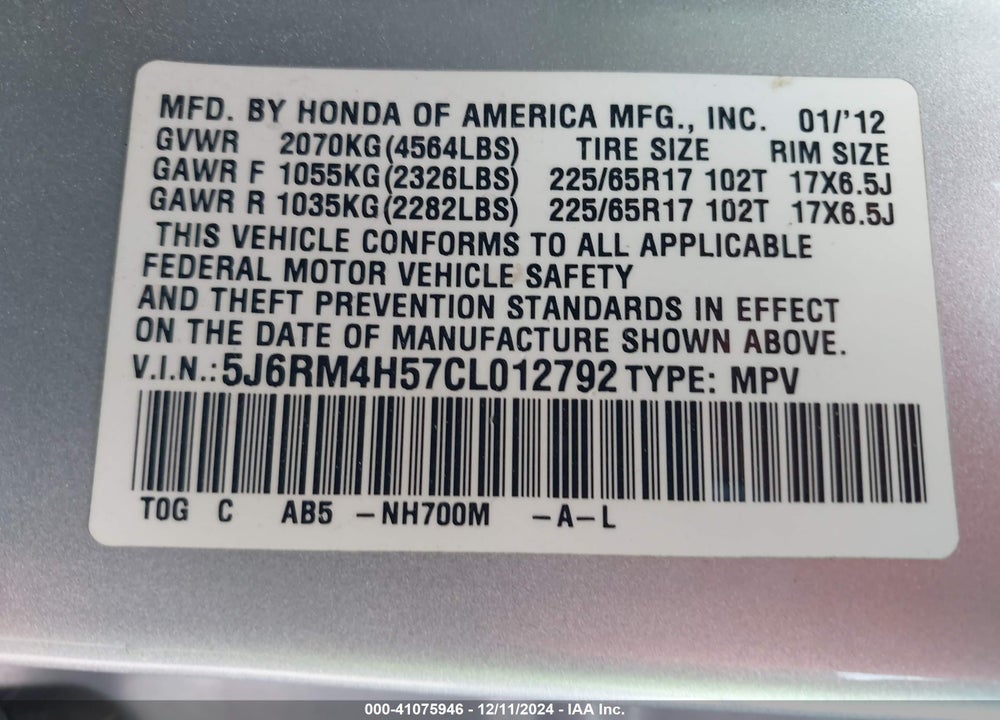 2012 HONDA CR-V EX VIN: 5J6RM4H57CL012792