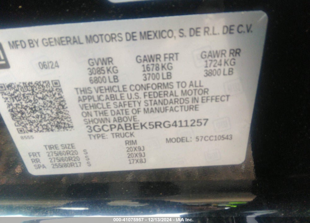 2024 CHEVROLET SILVERADO 1500 2WD SHORT BED CUSTOM VIN: 3GCPABEK5RG411257