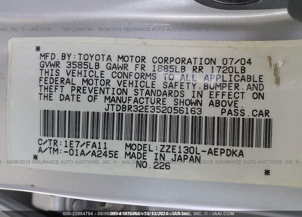 2005 TOYOTA COROLLA CE VIN: JTDBR32E352056163