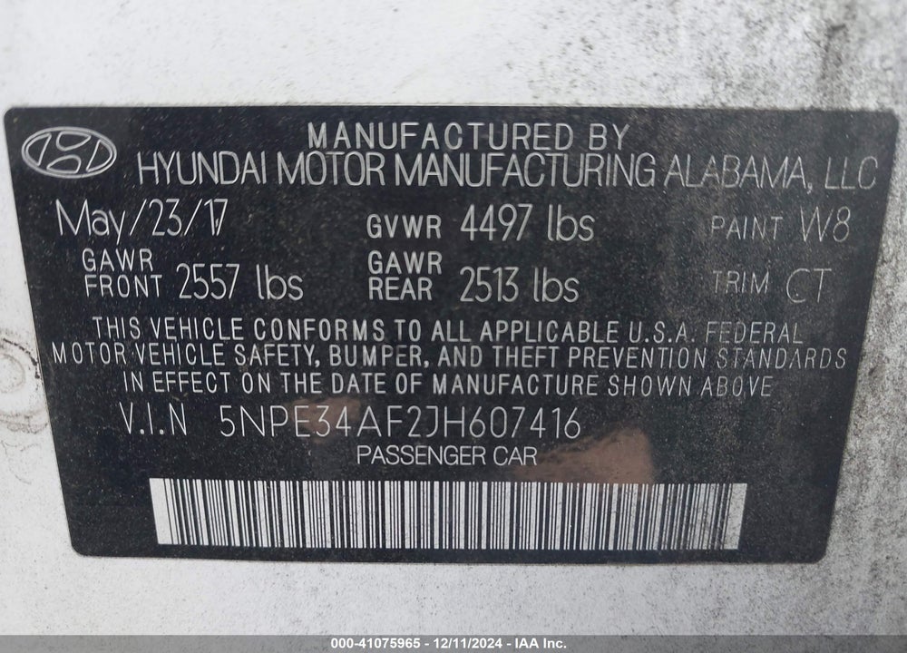 2018 HYUNDAI SONATA VIN: 5NPE34AF2JH607416